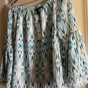 Small White/Blue White House Black Market Over the Shoulder Blouse